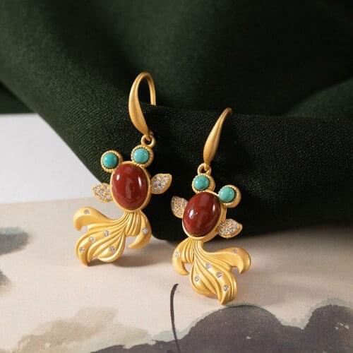 Natural South Red chalcedony Koi Earrings Chinese style retro palace small group design charming womens brand jewelry