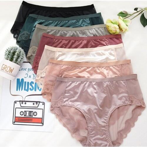 Womens Panties Large Sizes Sexy Thin Lace Traceless Mesh Transparent Briefs for Women Summer Silky Satin Female Underwear