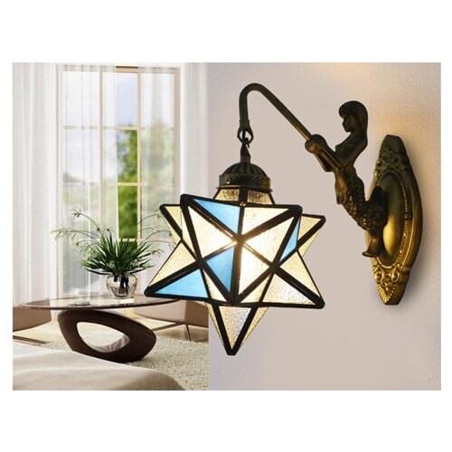 Vintage Tiffany Style LED E27 Wrought Iron Mermaid with Frosted Glass Shade Wall Sconce Wall Lamp for Bedside Bedroom Lighting