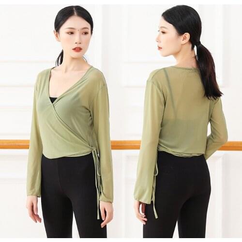 Dance tops women ballet mesh T shirt long sleeve sheer ballet tops women dance clothing sexy dancewear ballerina wrap cardigan
