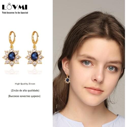 Lovmi Sliver Earring For Women Vintage Classic AAA Zircon Sapphire Gemstone Crystal Flower Shape Hoop Earring Wholesale For Gift