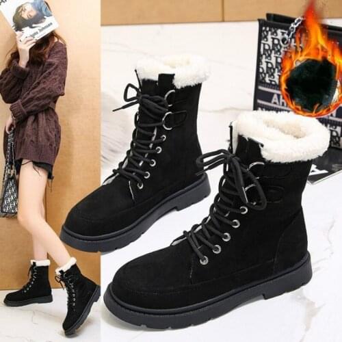 Women Snow Boots Non-slip Short Boots Botas Mujer Thick Fur Platform Mid Calf Winter Warm Shoes British Style Black Beige