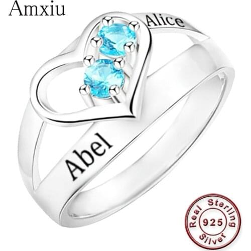 Amxiu Customize Wedding Ring Engrave Two Names Rings with Zircons 100% 925 Sterling Silver Ring For Women Girls Party Jewelry