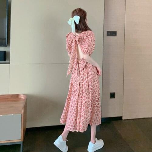 Fashion Women Summer Holiday Beach Dress Puff Sleeve Sexy Bow Hollow Out Backless 2021 Skirts High Waist Printed Party Dresses