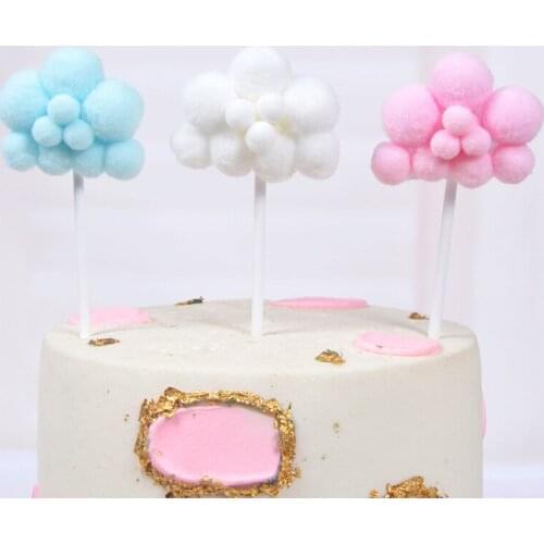 1pc Pink Blue white Soft Pompom Cloud Cake Topper Baby Shower Birthday DIY Cake Top Flags Decoration Festival Party Supplies