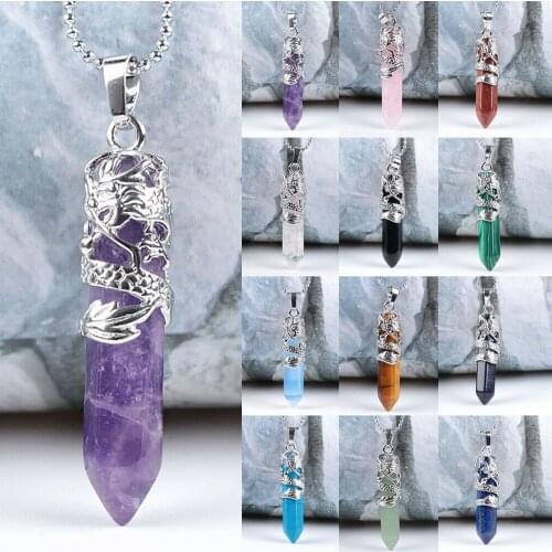 1pcs Dragon Tribe Totem Natural Quartz Hexagonal Crystal Chakra Healing Point Silver Vine Pendant Necklace Jewelry Gifts