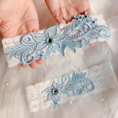 2021 Wedding Garters Blue Rhinestone White Embroidery Floral Sexy Garters For Women/Female/Bride Thigh Ring Bridal Leg Garter