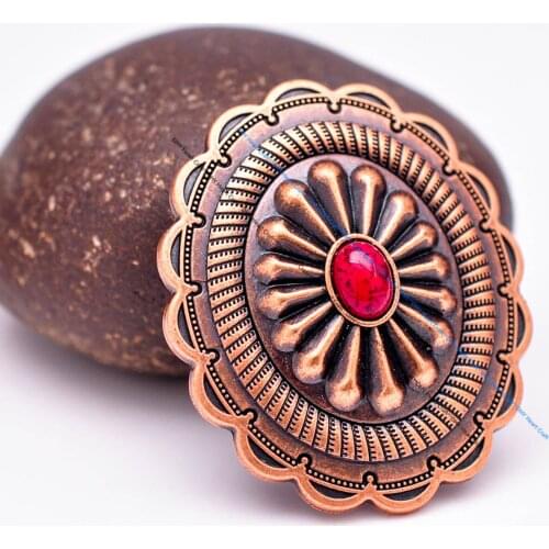 6pc 44*38mm Retro Copper Flower Pattern Red Bead Concho Button Ornament For DIY Leathercraft Concho Belt Luggage Bag Wallet Case