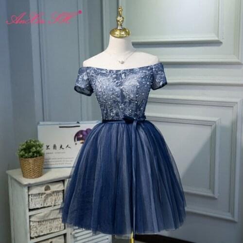 AnXin SH princess blue flower lace pearls fashion Korean vintage boat neck bow short sleeve blue short bride evening dress