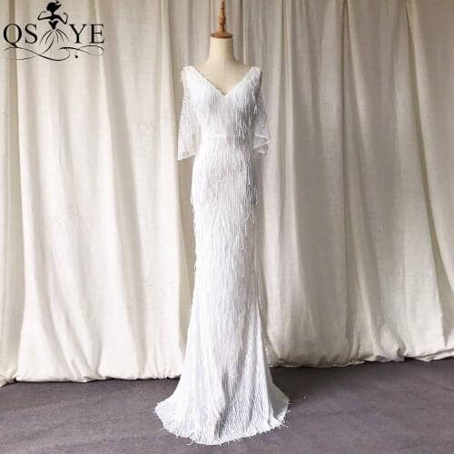 White Feather Evening Dress Sequin Mermaid Sexy V Neck Long Sequin Party Dress Side Flatter Sleeves Elastic White Formal Dresses