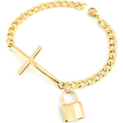 Stainless Steel Lucky Fashion Padlock pendant Cuban Chain Bracelet for Women With Corss Connecter Bracelets