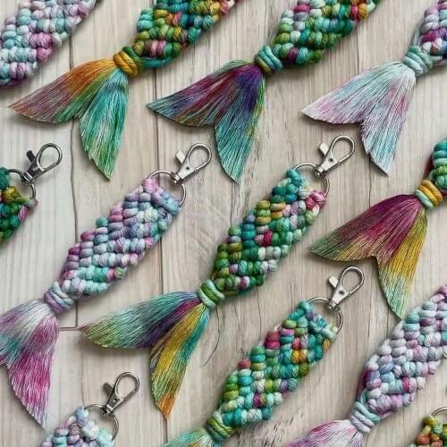 Vedawas INS Fiberart Macrame Fishtail Key Chain For Women Bohemian Cotton Handmade Colorful Thread Cactus Keychains Jewelry Gift