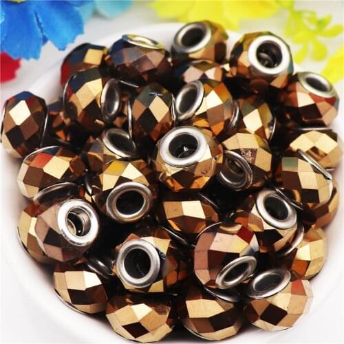 10Pcs Metal Plating Round Core Cut Faceted Glass Beads Spacer Charm Fit Pandora Bracelet Bangle Necklace for DIY Jewelry Making