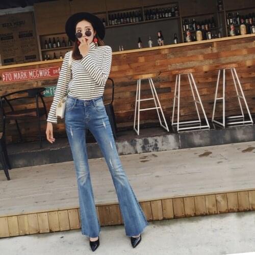 Elegant Vintage Spring Autumn Womens Denim Flares Pants Fashion Washed Hole Ripped Stretch Slim Fit Female Full Lenght Trousers