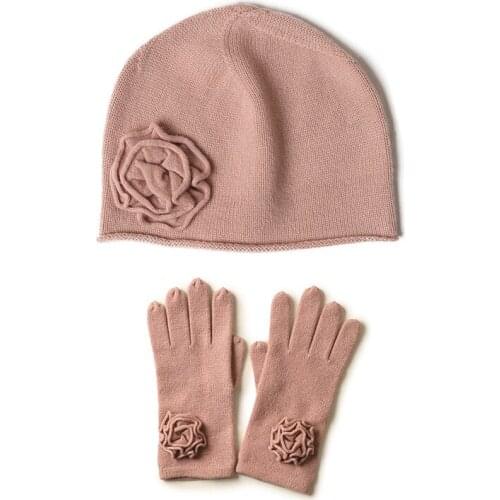 Cashmere crochet flowers knit women hats gloves sets lady beanies cap 2pieces set wholesale retail