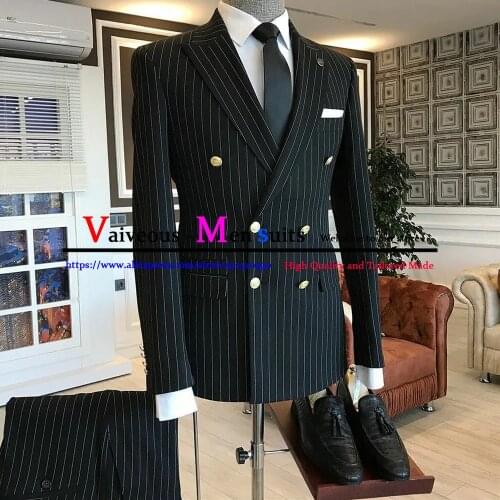Classic Stripe 2 Pieces Business Men Suits Double Breasted Groom Black Slim Fit Men Wedding Suits Blazer Tuxedo (Jacket+Pants)
