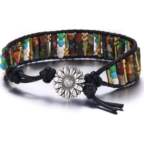 High End Square Shape King Stone Single Leather Wrap Bracelets Vintage Weaving Beaded Cuff Bracelet Dropshipping