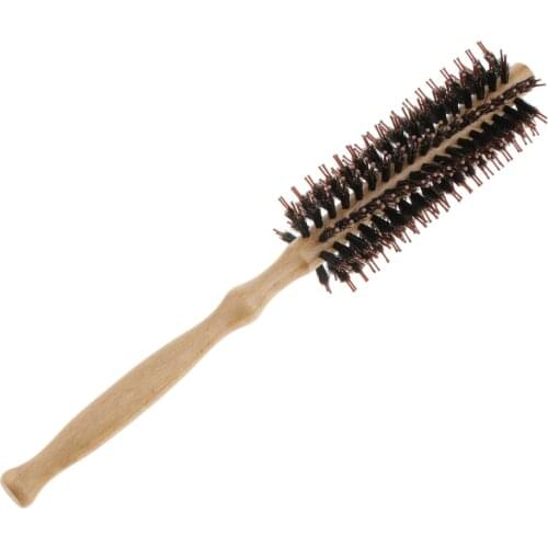 Wood Handle Round Hair Brush Hairdressing Schima Bristle Comb Hairbrush Brown