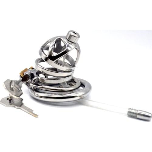 Metal Chastity Cage with Silicone Catheter and Barbed Anti-off Ring Creative Hollow Penis Cage Male Chastity Device for Men 253F