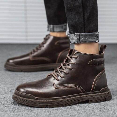 ZEEKSON Martin boots mens trendy fashion classic lace-up mens boots retro high-top leather shoes wild warm cotton shoes