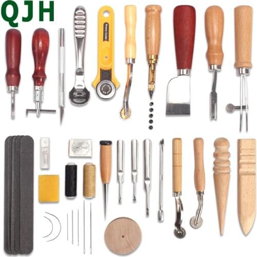 Leather Craft Tool Kit Hand Sewing Stitching Punching Cutting Marking Slotting Thinning Polishing DIY Leather Tool Accessories