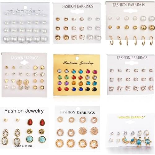 24 pcs/set Heart Flowers Vintage Gold Stud Earrings Set 2019 New Crystal imitation Pearl Earrings for Women Gift on Ear Jewelry