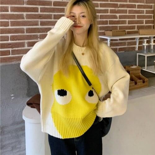 2021 New Women Spring Sweet Cartoon Sweater Jacket Loose Round Collar Knitted Pullovers Casual Jumpers School Girl