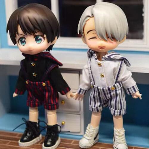 OB11 doll Dress fits in 1/12 size fashion white all-match star embellished navy collar shirt + striped overalls white and black