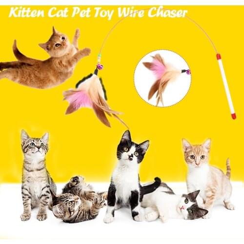 Fun Cat Feather Dangler Bell Wand Teaser Rod Play Feather Wire Toy Feather Dangler Bell Wand Teaser Rod Play Pet Game Toys #W5
