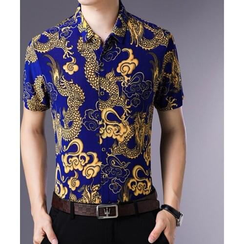 Mens Dragon Print Blouse Shirts Summer Fashion Printing Streetwear Short Sleeve Male Turn Down Collar Dress Shirts