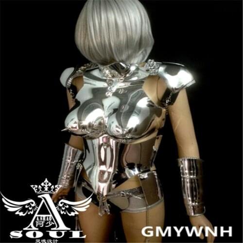 S008 Silver mirror women sexy stage show wears dress ballroom dancer costumes dj singer clothe performance catwalk outfit bra ds