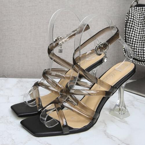 Sandals Roman Ladies Shoes Square Head Peep-Toe Transparent Tape Cross Buckle High Heel Crystal Heel Summer Work High Heels 2021