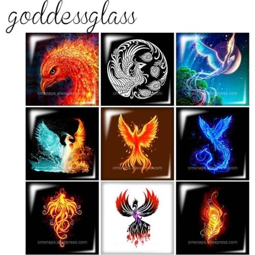 FB0364 Phoenix birds 12mm/20mm/25mm/30mm Square photo glass cabochon demo flat back Making findings