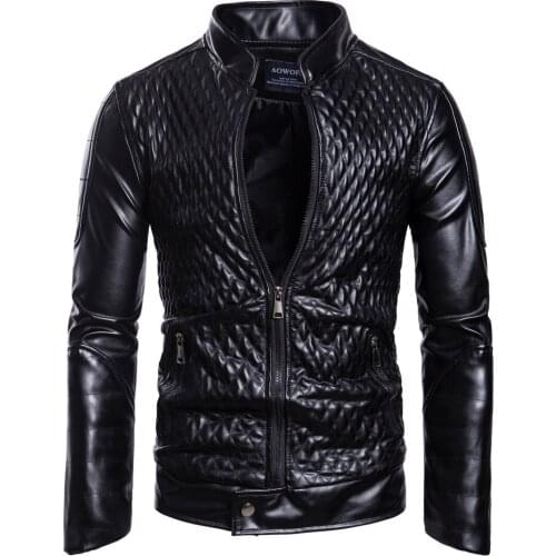 QUANBO 2020 Spring New Leather Jacket Men Diamond Design Stand Collar Zipper PU Coats Male Casual Streetwear