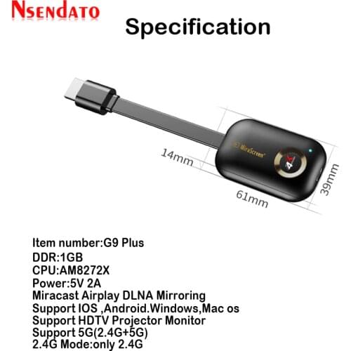 Mirascreen G9 Plus 2.4G/5G 4K Miracast Wifi for DLNA AirPlay HD TV Stick Wifi Display Dongle Receiver for IOS Android windows