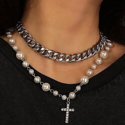 Japanese and Korean Fashion Ornament Creative Cross Chain Net Red Street Racket Pearl Chain Cross Necklace