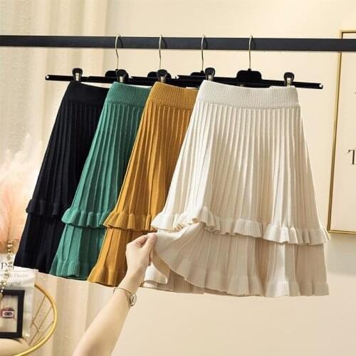 Ruffle Pleated Cake Skirt Knitted Mini Skirts Kawaii Women Autumn Winter Korean Fashion 90s Elastic Waist Falda Sexy Harajuku