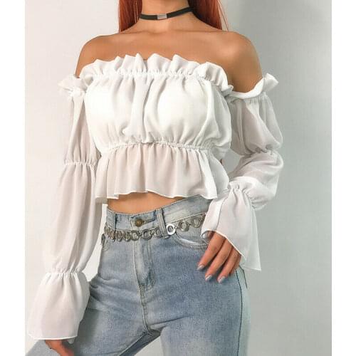 Women Blouses 2020 New Off Shoulder Sheer Mesh Puff Long Sleeve Office Shirt Blouse Shirt Casual Tops Plus Size Blusas Femininas