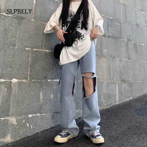 SLPBELY High Waisted Ripped Jean for Women Denim Pants Loose Hip HopJeans Vintage Long Female Trousers Blue Jeans Y2K Streetwear