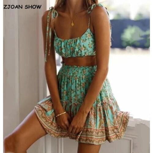 2020 Bohemia Crop Top Elastic Hem Floral Print Bra Tank Top Sexy Women Elastic Waist Mini Short Skirt Ruched Camis 2 Pieces Set