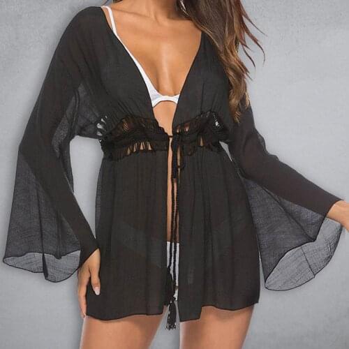 Women Swimsuit Beach Coat Sun Protection Blouse Hollow Tassel Bandage Cardigan Loose Holiday Sexy Bikini Beach Cover Up 2021