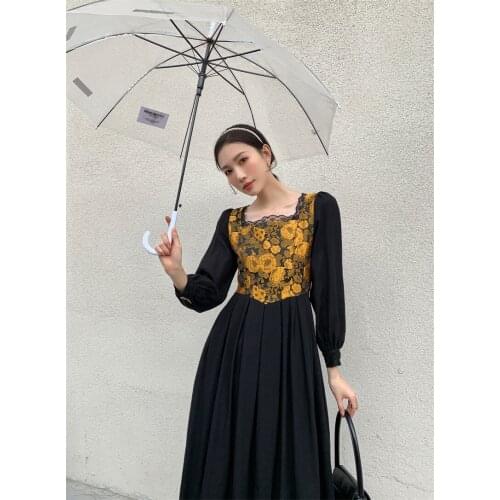 Korean Fashion Black Long Dress Streetwear Women Modern Vintage Jacquard Patchwork Midi Dresses For Party Night Vestido Negro