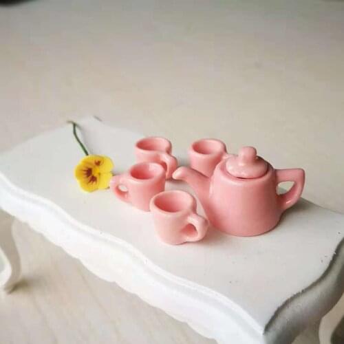 1/12 Dollhouse Miniature Ware Porcelain Tea Set Cup Pot Pure Color Tableware Furniture Toy for Children Kids (Pink)