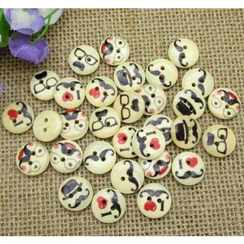 100pcs 15mm Mixed Natural Round Beard Glasses Pattern Wooden Buttons For Clothes Crafts Sewing Scrapbooking DIY Accessories