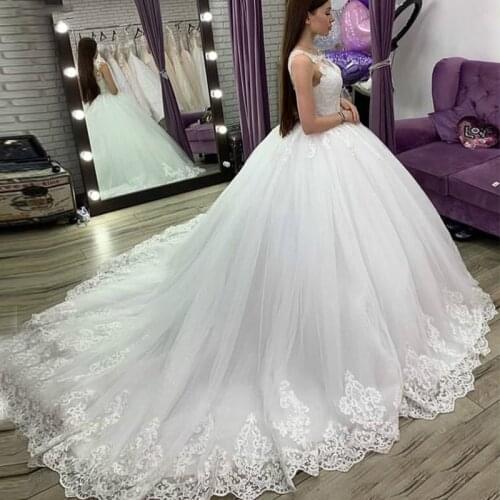 E JUE SHUNG White Lace Appliques Ball Gown Wedding Dresses Lace Up Back luxury Wedding Gowns Bride Dresses
