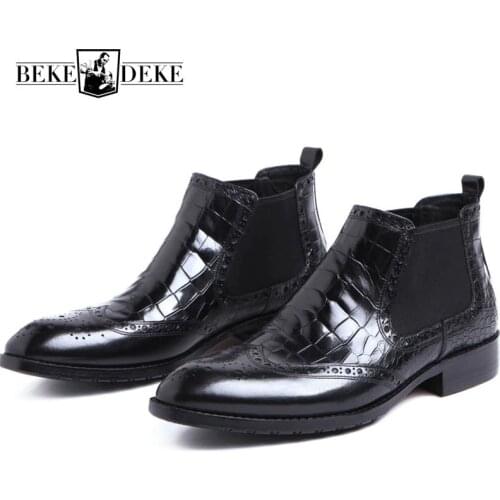 Brand Black Chelsea Boots For Men Genuine Leather Pointed Toe Italian Business Wedding Ankle Boots Wing Tip Work Safety Shoes