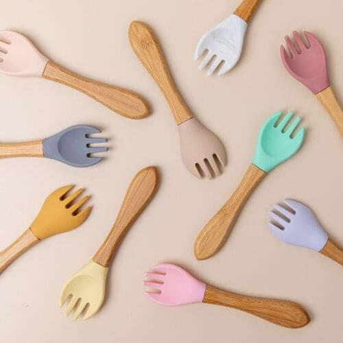 Baby Feeding Tableware Wooden Handle Silicone Fork Kids Free BPA Food Grade Baby Products Safe Feeding Accessories Fork