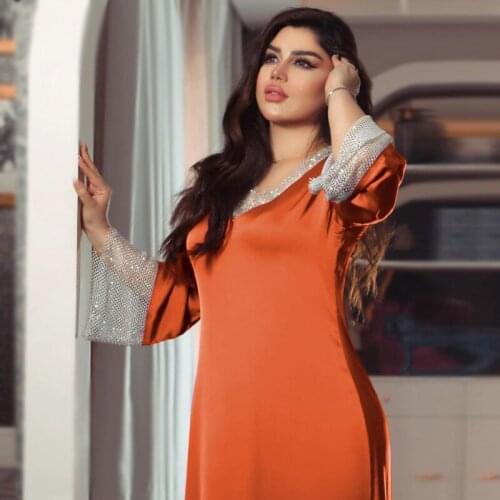 Eid Satin Diamonds Dubai Plus Size Long Dress for Women Fashion Muslim Abaya Arabic Turkey Moroccan Kaftan Orange Clothes Summer