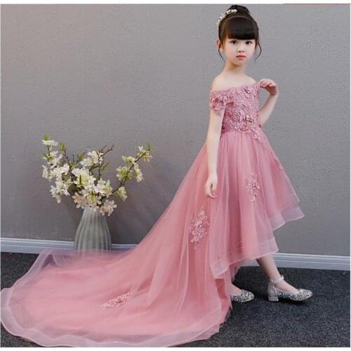 Long Trailing Girl Dress Appliques Lace Princess Dress For Birthday Party Flower Girl Wedding Dress Formal First Communion Gown
