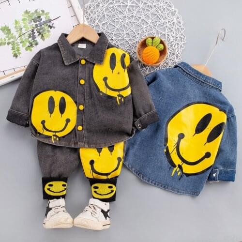Childrens denim suit Autumn Kid Boy Girl Clothing Sets Tracksuit Smiley Active Denim jacket Baby jeans 2pcs suit Infant Clothes